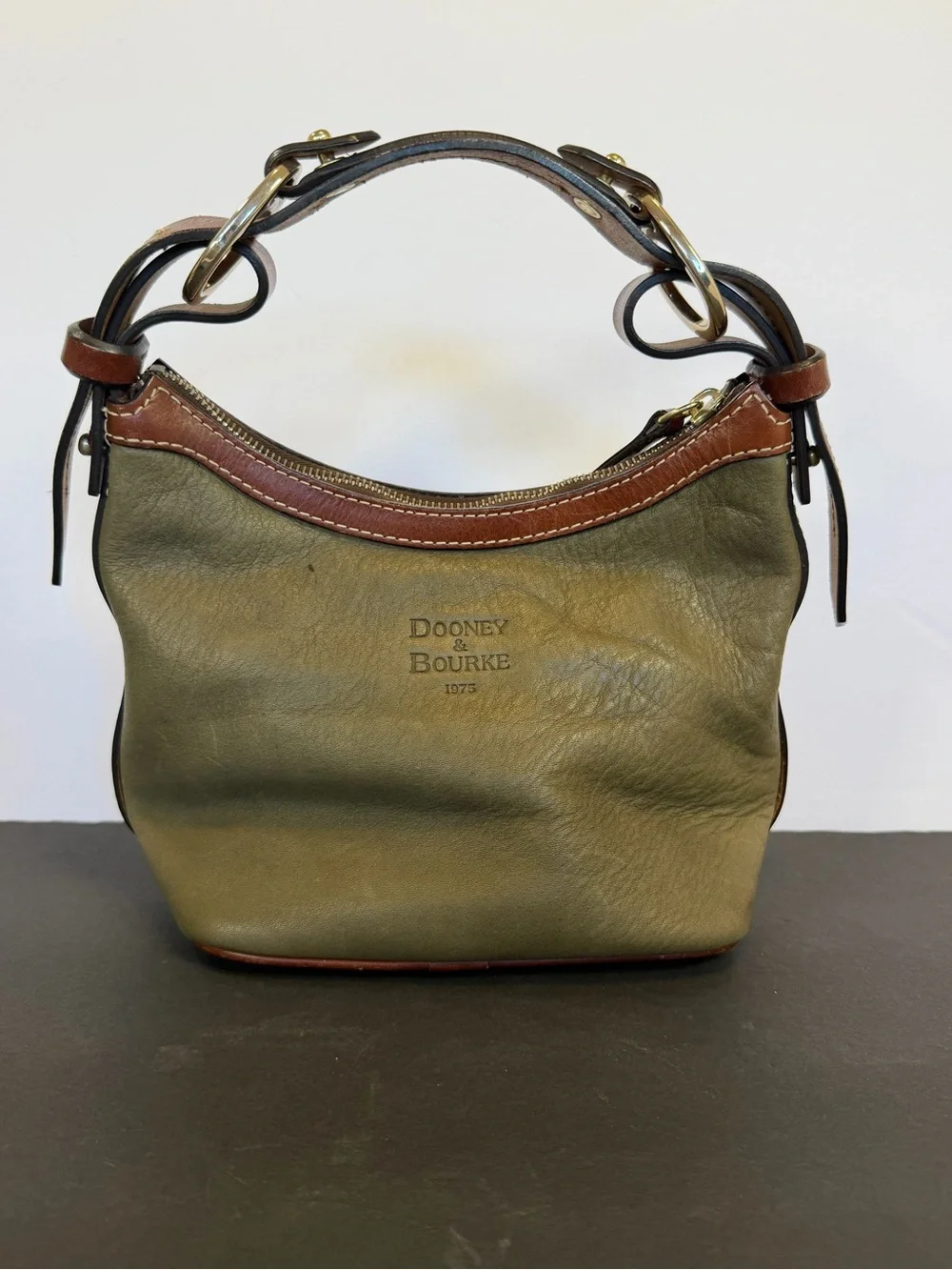 Vintage Dooney & Bourke All Weather Leather Olive Satchel Brown Trim Bag